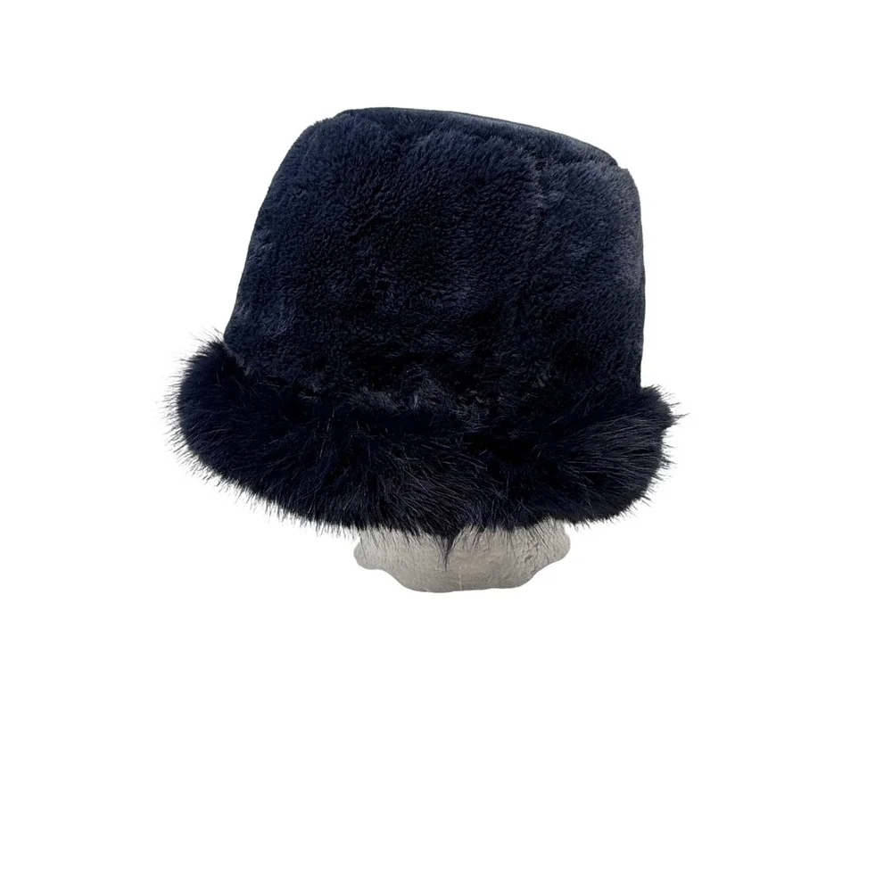 Navy Blue Faux Fur Pillbox Cloche Hat One Size Quilted Lining Winter Glam Retro
